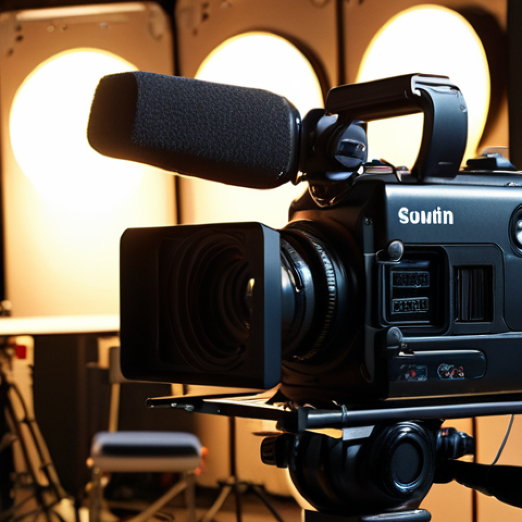 **

A bustling film set with a DSLR camera focused on a scene being lit with a three-point lighting setup. Microphones are visible, capturing sound. Emphasize the technical aspects of media production.

**