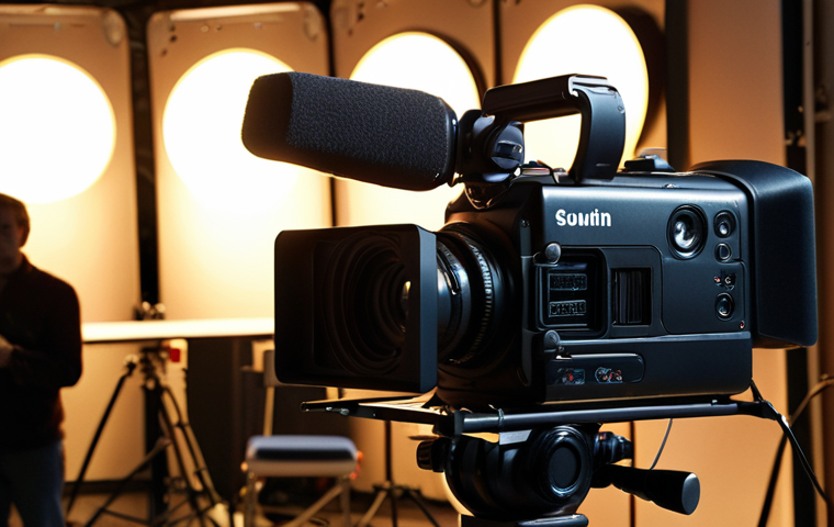 **

A bustling film set with a DSLR camera focused on a scene being lit with a three-point lighting setup. Microphones are visible, capturing sound. Emphasize the technical aspects of media production.

**